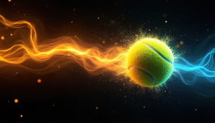 Bright tennis ball zooms through dark space with glowing orange and blue energy trails. Sparks fly off the fuzzy sphere as it moves fast, suggesting power and motion.