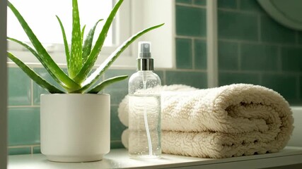 Aloe Vera Plant And Towels In Bathroom, Aromatherapy Spray For Wellbeing Promotion