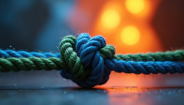Green and blue ropes are tied in a tight knot at the center. This symbolizes unity and strength between two elements. The background shows blurred lights.