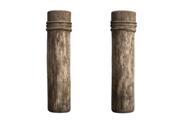 Two aged wooden pillars with rope details on transparent background, rustic timber architecture element