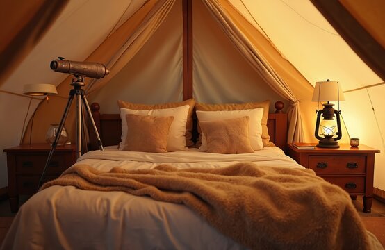Luxury tent interior with telescope on tripod, comfortable bed, warm blankets, lantern lighting. Bedside tables with lamps create cozy atmosphere for stargazing, relaxation inside safari style