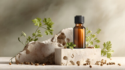 An amber glass bottle of Coriander Essential Oil (mockup with blank label for easy customization) stands gracefully on a rugged white rock podium with natural holes and textured surfaces. Around the p