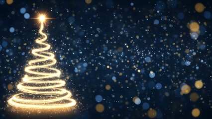 Glowing christmas tree made of sparkling lights on dark background with snowflakes and bokeh lights, festive holiday decoration with star on top, magical winter atmosphere