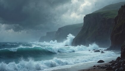 Dramatic sea waves crash against rugged cliffs under a stormy sky. The ocean displays raw power with rough waters hitting the shore. Mist and clouds create a wild, intense atmosphere.
