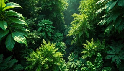 Dense jungle canopy with vibrant green leaves and ferns. Sunlight filters through branches, illuminating lush vegetation. Rich forest background detail for nature themes.