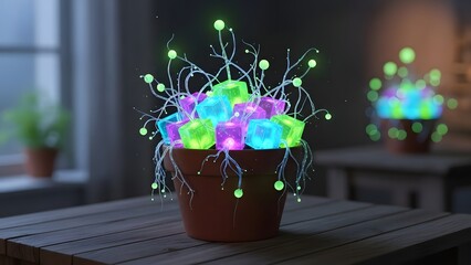 Futuristic glowing cube plant with neon lights and fiber optic tendrils in a terracotta pot, 3D rendering of sci-fi biotechnology concept