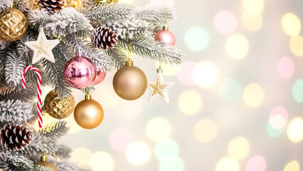 Closeup of christmas tree branch with gold, pink ornaments, candy cane, pine cones on snowy background with bokeh lights, festive holiday decoration
