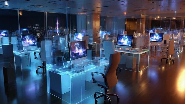 Modern Office: A futuristic office space featuring multiple computer workstations and modern office setup, the room offers a blend of innovation and workspace efficiency. 
