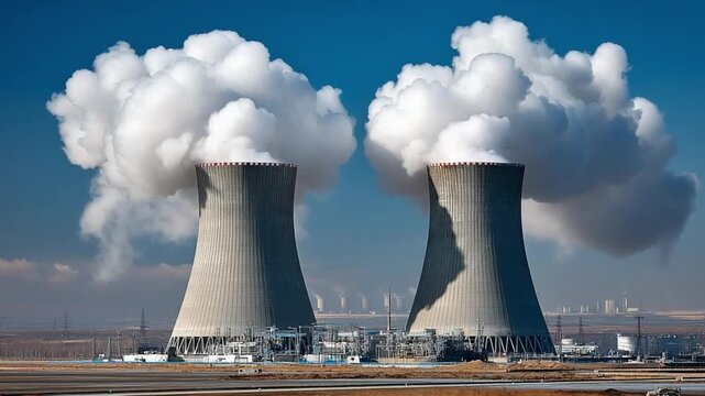 Industrial Titans: An imposing view of two towering cooling towers, plumes of white steam billow into the clear sky, representing industrial might and environmental considerations.