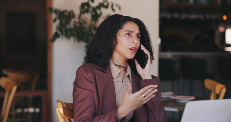 Woman, business owner or phone call in cafe with stress, startup management or worry for stock...