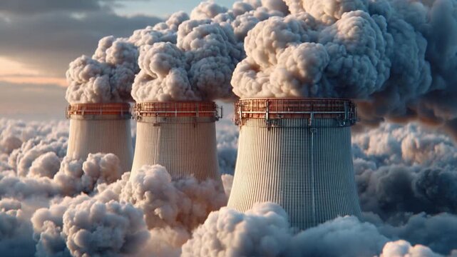 Industrial Emission's Warning: Towering smokestacks belch billowing clouds into the atmosphere, symbolizing industrial emissions and air pollution, raising awareness about environmental concerns.
