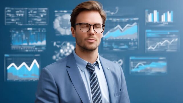 Visionary Business Analytics: A focused professional, clad in smart business attire, navigates intricate data visualizations, embodying the precision of business analytics.