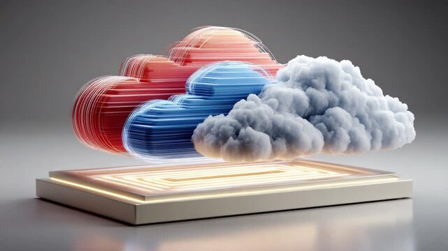 Cloud Computing Paradigm: A visually engaging conceptual representation of cloud computing, showcasing layered cloud formations over a luminous pedestal.