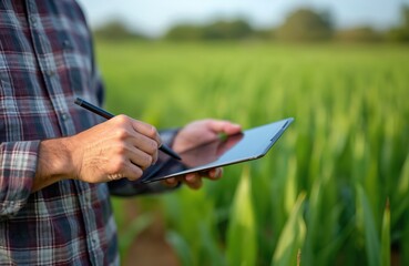 Farmer checks crop health using tablet computer and stylus pen in green field. Person manages organic farm with modern agritech for better harvest growth.
