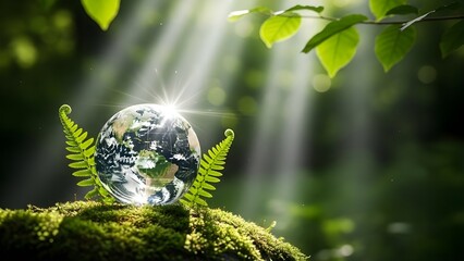 A crystal clear glass globe representing the earth sits on a mossy log surrounded by lush green ferns and leaves with sunbeams shining through the trees in a serene