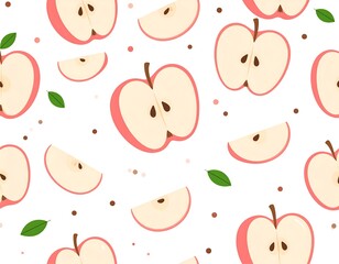 Whimsical pattern of sliced and whole apples on a white backdrop