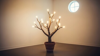 Conceptual tree with glowing light bulbs growing in a pot representing ideas, creativity and innovation