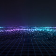Obraz premium Abstract Futuristic Digital Landscape with Glowing Particles and Wireframe Grid