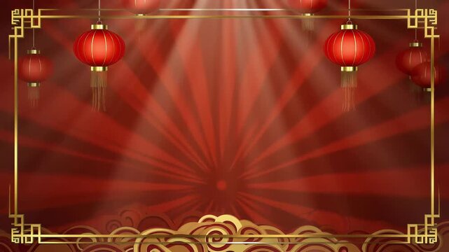 Chinese New Year background with red lanterns and golden traditional frames