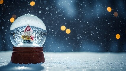 Snow globe with snowman inside on snowy night with yellow lights, winter wonderland scene with festive decoration with christmas and holiday
