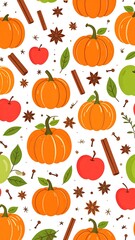Whimsical pattern featuring pumpkins, apples, spices, and leaves