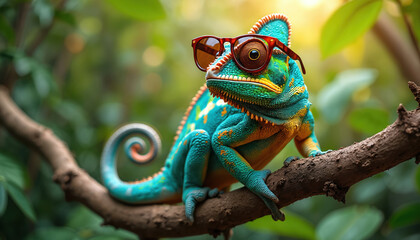 Fototapeta premium Brightly colored chameleon wears trendy sunglasses. Reptile sits on tree branch with curled tail. Animal shows off unique style and cool attitude.