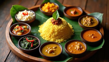 Authentic Sri Lankan rice and curry platter with yellow rice mound, multiple vegetable curries, and sambol dishes. A vibrant, healthy, and delicious meal for lunch or dinner.