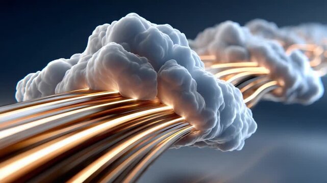 Cloud computing network: Conceptual image of a network cable with a cloud, symbolizing data transfer. The flowing cable creates a dynamic visual effect.