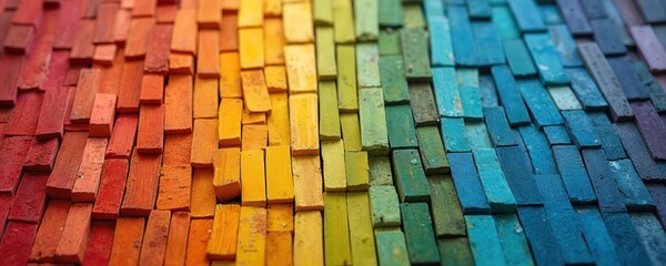 Rectangular pastel sticks arranged in rainbow spectrum gradient. Piece displays unique shade, creating visually striking abstract background. Diverse color palette from red to blue. Perfect for art,