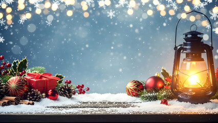 Cozy winter scene with lantern, christmas decorations and gifts on snowy surface, festive lights and snowflakes in background, evoking holiday cheer and warmth