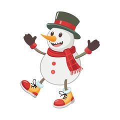 Cartoon groovy Christmas snowman character with a top hat, vintage sneakers and red warm scarf. Isolated vector retro snow man personage smiling, embodying joyful spirit of the winter holiday season S