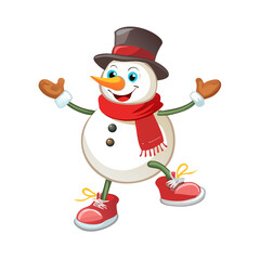 Cartoon groovy Christmas snowman character with a top hat, vintage sneakers and red warm scarf. Isolated vector retro snow man personage smiling, embodying joyful spirit of the winter holiday season S
