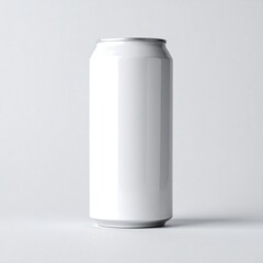 White beverage can standing upright on a light gray background