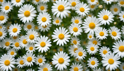 White daisies with yellow centers on green background white flowers