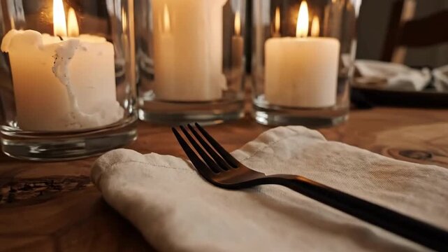 Ambient Dinner Setting With Candles And Place Setting On A Rustic Wooden Table