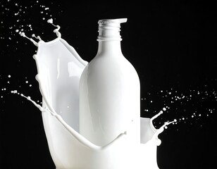 White bottle in splash of liquid against a black background