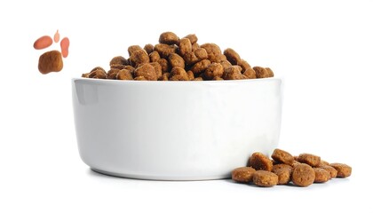 White bowl filled with dry, brown kibble, pawprint nearby, white background