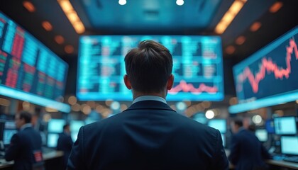 Man in suit watches stock market data on large digital screens. Traders work on computers in busy financial trading room. Financial charts show graphs of rising and falling prices.