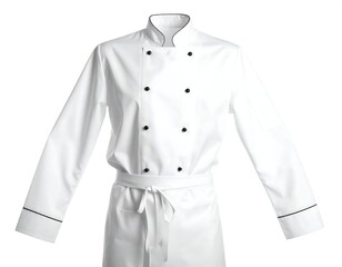White culinary coat with black trim and buttons, apron tied at waist
