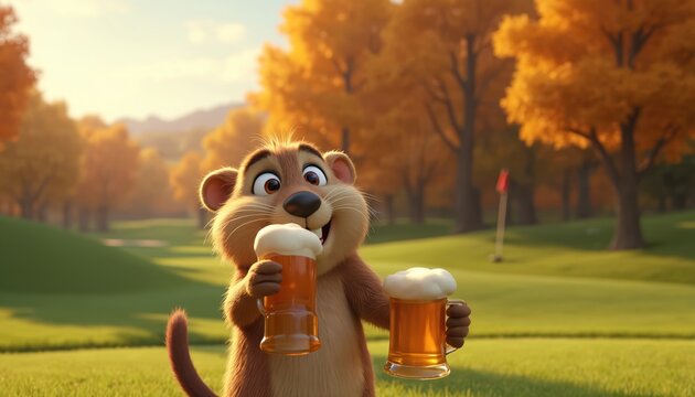 Cartoon gopher holds beer mugs on autumn golf course. Happy animal smiles, enjoys sunny day outdoors. Golf player celebrates win with frothy drinks on green.