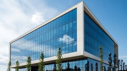 Modern glass building with sleek design and lush greenery surrounding it on a clear day