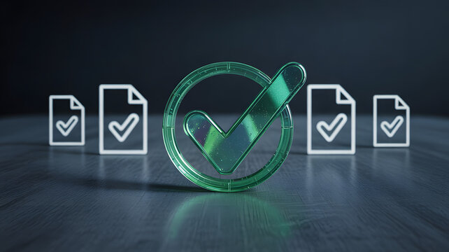 Green checkmark symbol with documents on dark background