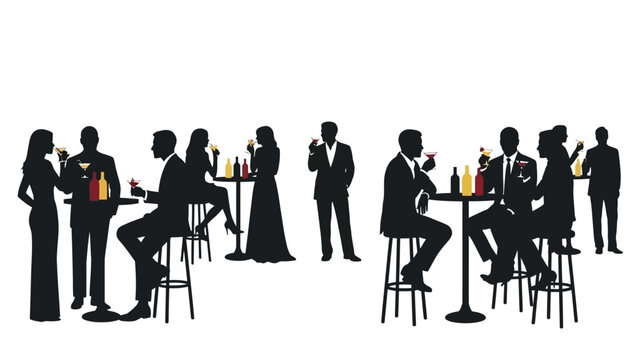 Silhouettes of people in formal attire mingling and enjoying drinks at a sophisticated event.