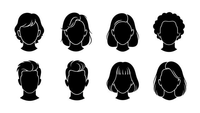 Collection of diverse black silhouette hairstyles for men and women, showcasing various cuts and textures.