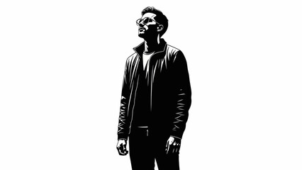 A striking black and white illustration of a man looking upwards, silhouetted against a stark white background. © Busters 