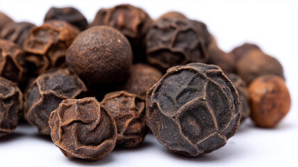 Macro shot of black peppercorns isolated on a white background, highlighting their rich texture and dark color. Perfect for culinary, food, and spice-related projects.
