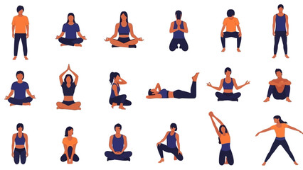 A collection of diverse individuals performing various yoga poses and stretches, showcasing flexibility and mindfulness.