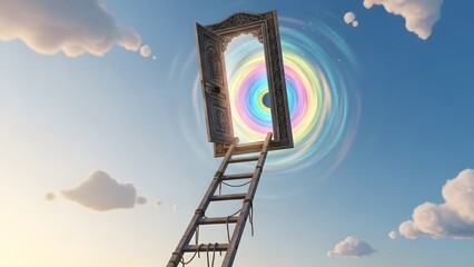Surreal wooden ladder leading to an open magical portal door in the sky with colorful swirling energy