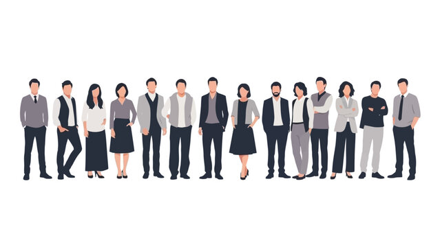 A diverse group of business professionals standing in a line, showcasing a variety of formal attire and individual styles.