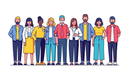 A diverse group of nine cartoon people standing together in a line, showcasing various ages, genders, and ethnicities.
